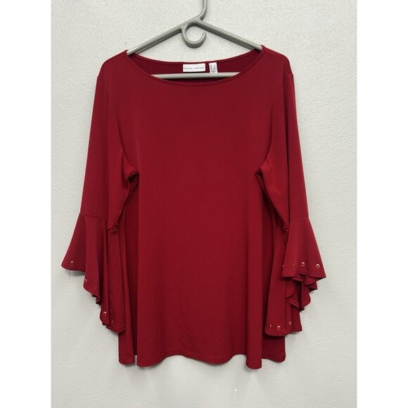 Susan Graver Womens Top Size Large Red Liquid Knit Bell Sleeve Office Work - Picture 1 of 7